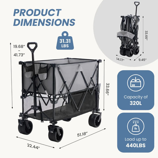 320L Heavy-Duty Collapsible Double-Decker Wagon with Brakes, 440 lb Capacity & All-Terrain Wheels