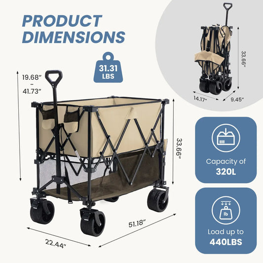 320L Heavy-Duty Collapsible Double-Decker Wagon with Brakes, 440 lb Capacity & All-Terrain Wheels